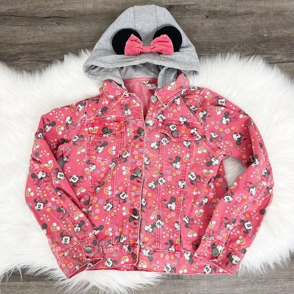 Disney Other - 🔹sold🔹Disney Youth 9 10 Minnie Mouse Rainbows Denim Jean Jacket Hooded Ears